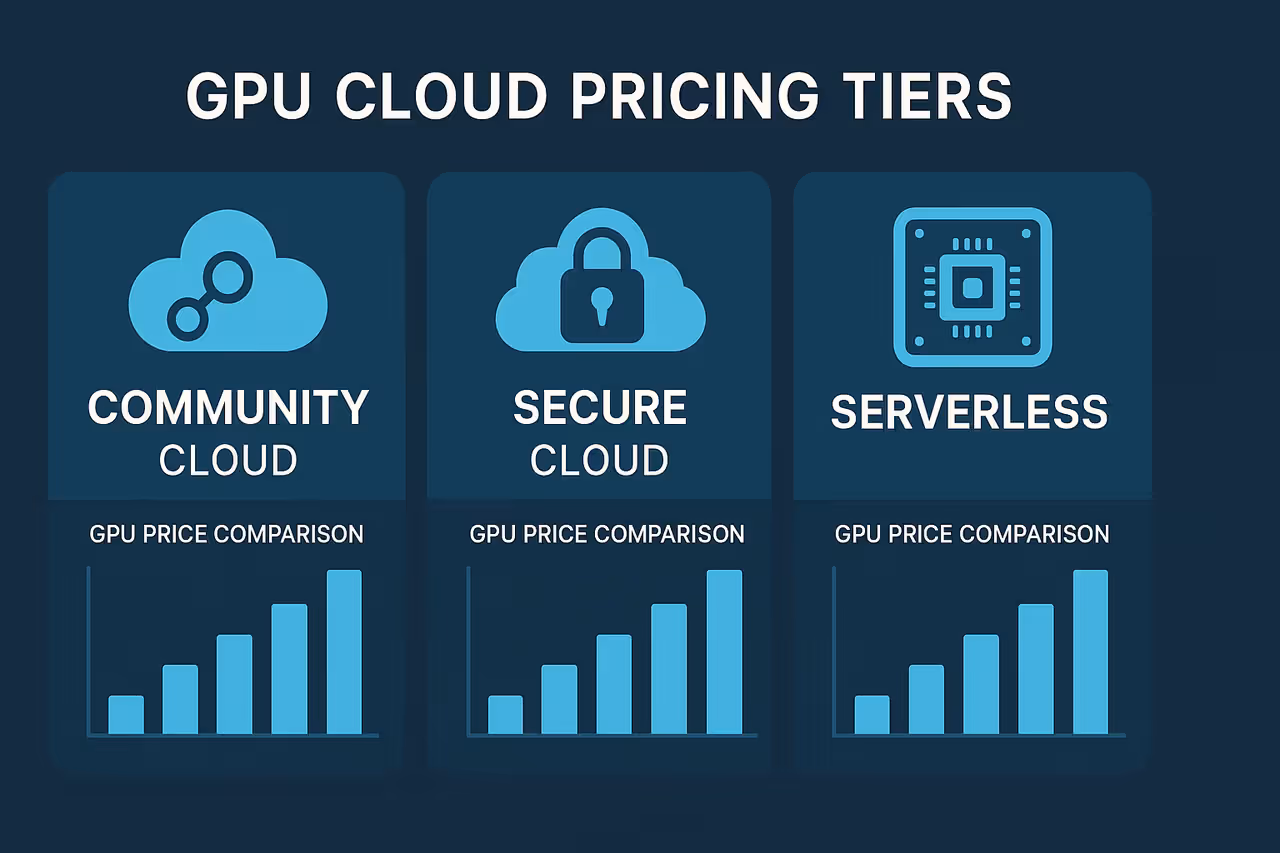 Comparativo de preços de GPU cloud da RunPod: Community Cloud, Secure Cloud e Serverless com GPUs RTX 4090, A100 80GB e H100
