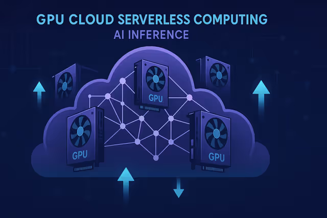 Ilustração de GPU cloud serverless para inteligência artificial, com placas gráficas flutuando em nuvem digital com nós de rede neural e ícones de IA