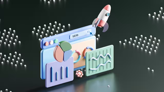 Ilustração moderna de SEO com foguete, gráficos de análise e navegador — conceito visual para artigo sobre SEO em 2026