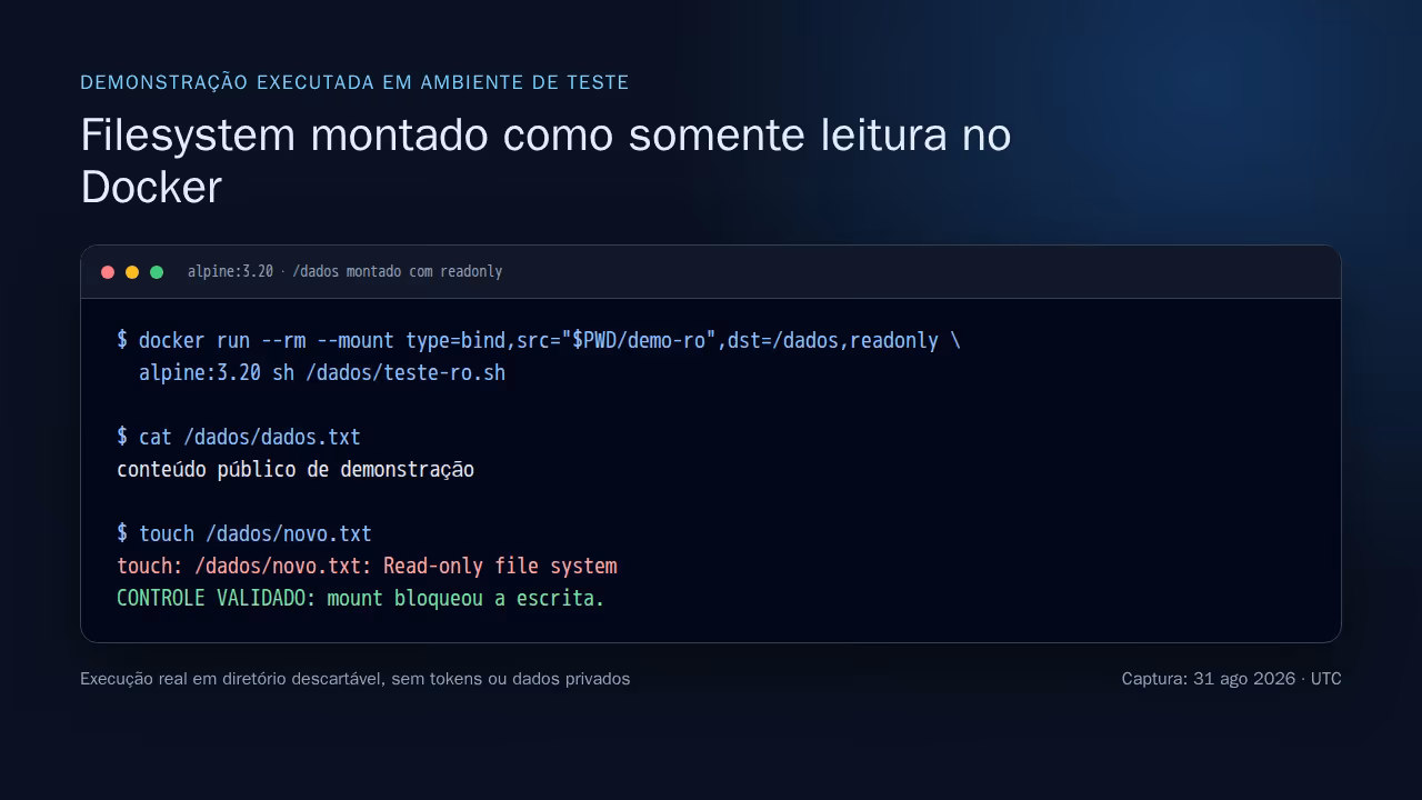 Demonstração em terminal de mount Docker somente leitura bloqueando tentativa de escrita
