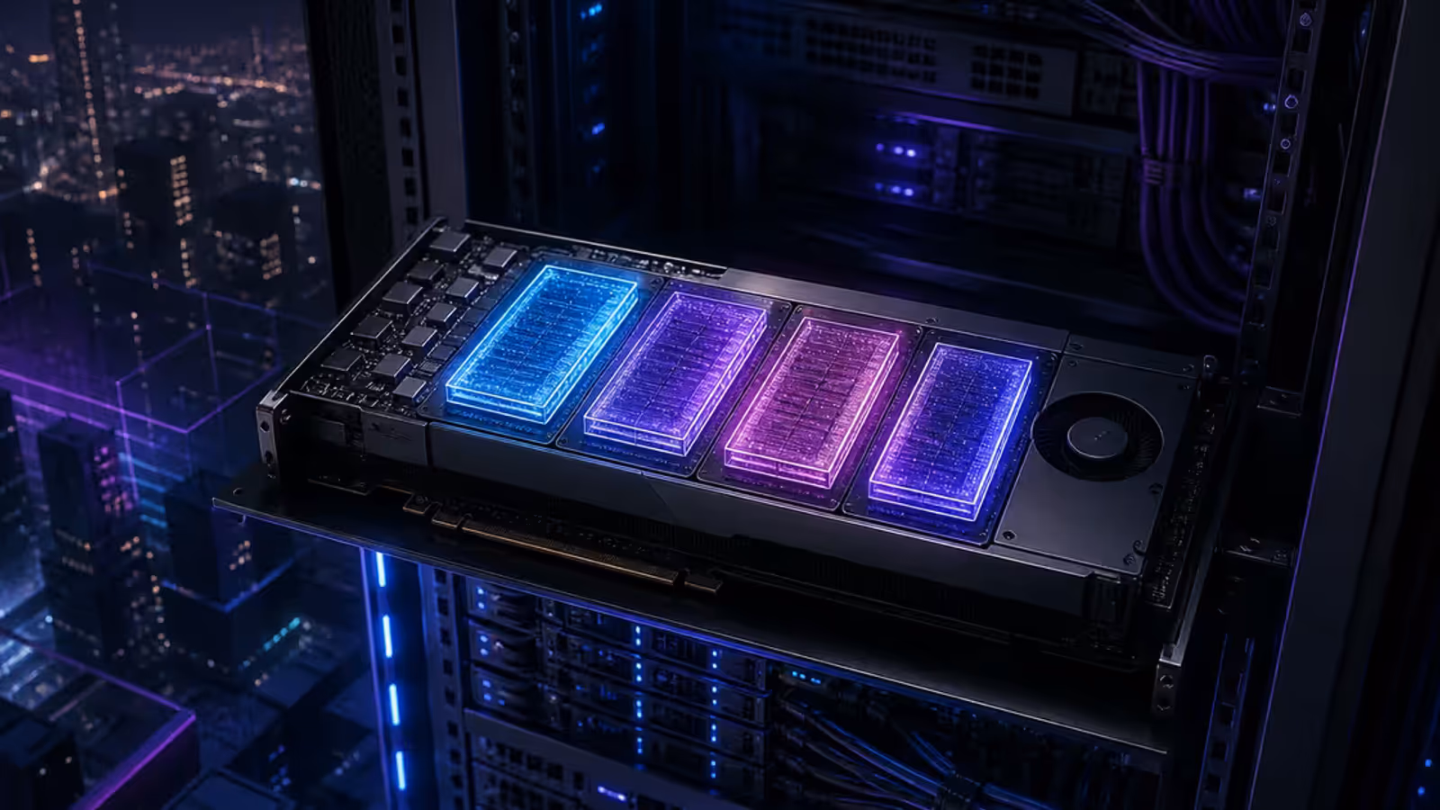 GPU de servidor em rack com quatro frações virtuais de VRAM iluminadas em azul e roxo