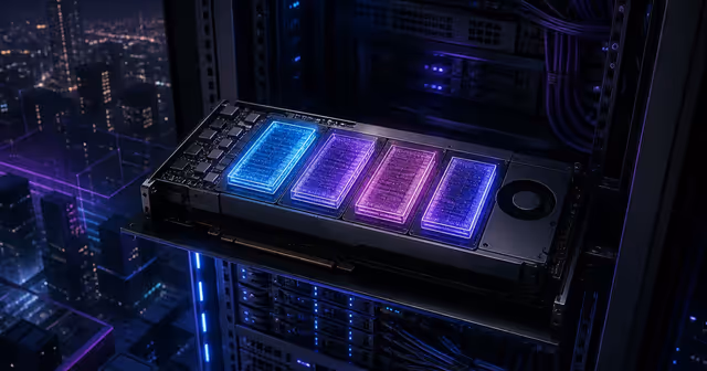 GPU de servidor em rack com quatro frações virtuais de VRAM iluminadas em azul e roxo