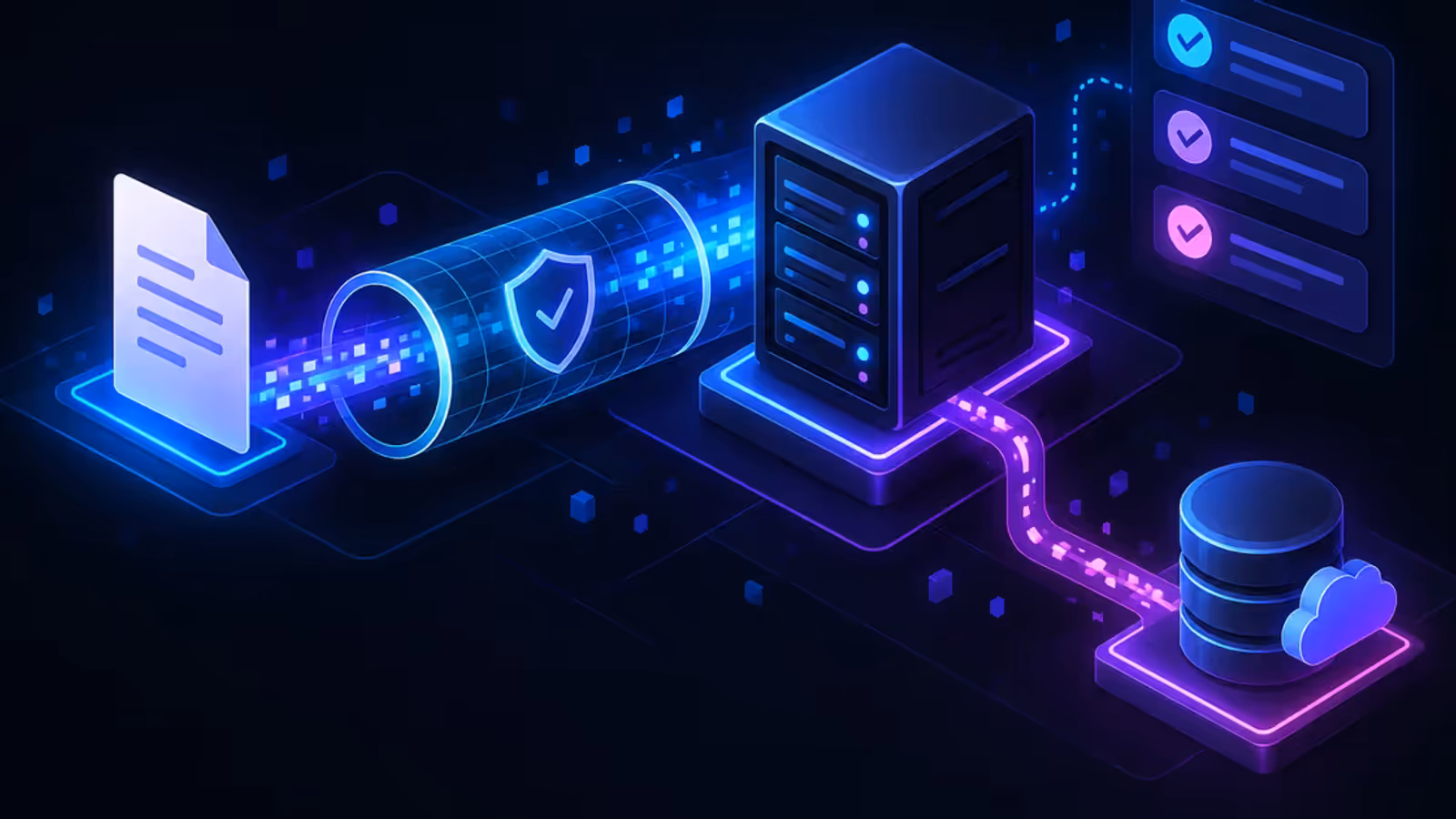 Documento abstrato atravessa um túnel HTTPS até uma VPS, com ramificação para cópia externa e checklist operacional