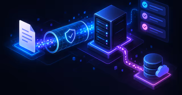 Documento abstrato atravessa um túnel HTTPS até uma VPS, com ramificação para cópia externa e checklist operacional