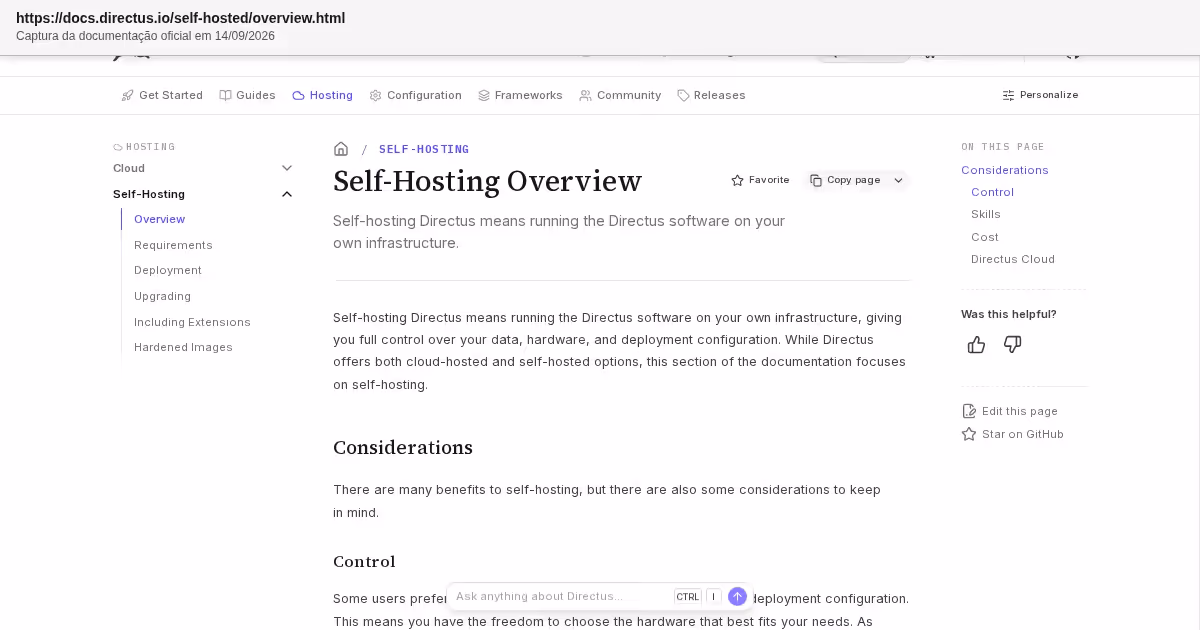 Documentação oficial do Directus sobre considerações de self-hosting, consultada em 14 de setembro de 2026.