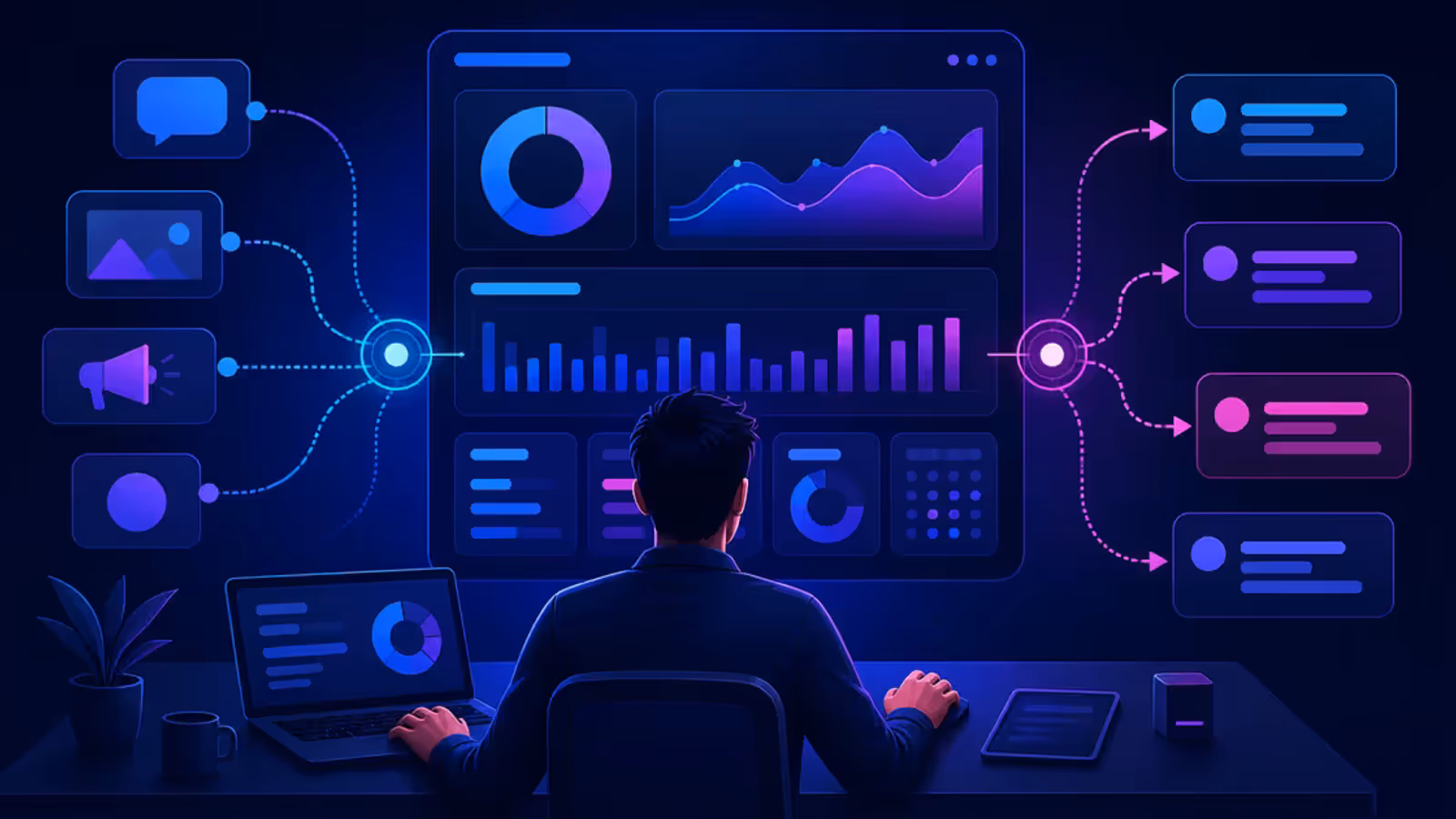 Empreendedor solo acompanha rotas de links e métricas de campanhas em um painel abstrato