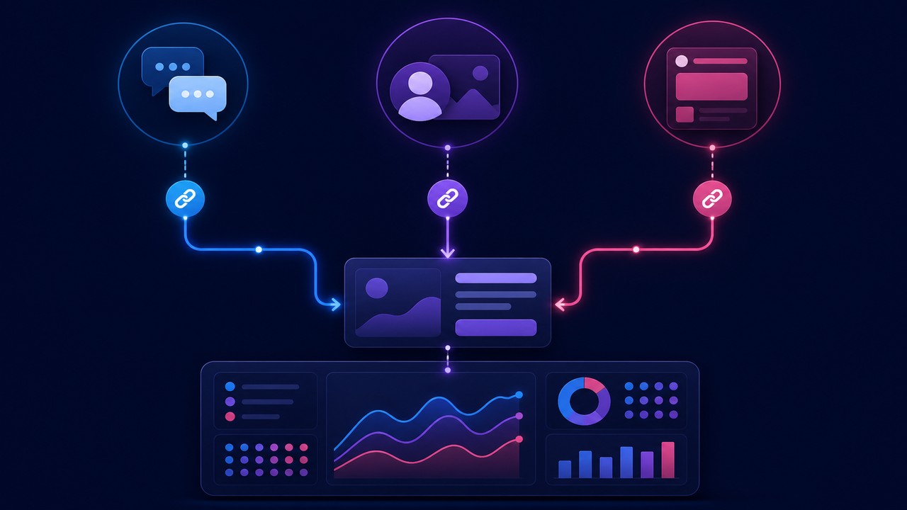 Três rotas distintas de mensagem, rede social e anúncio convergem para uma oferta e um painel