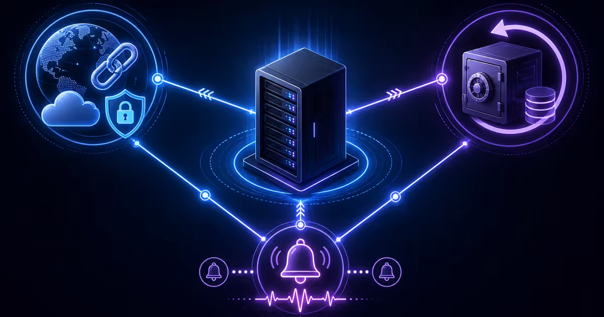 Servidor no centro de um triângulo formado por URL pública, backup restaurável e alertas de jobs