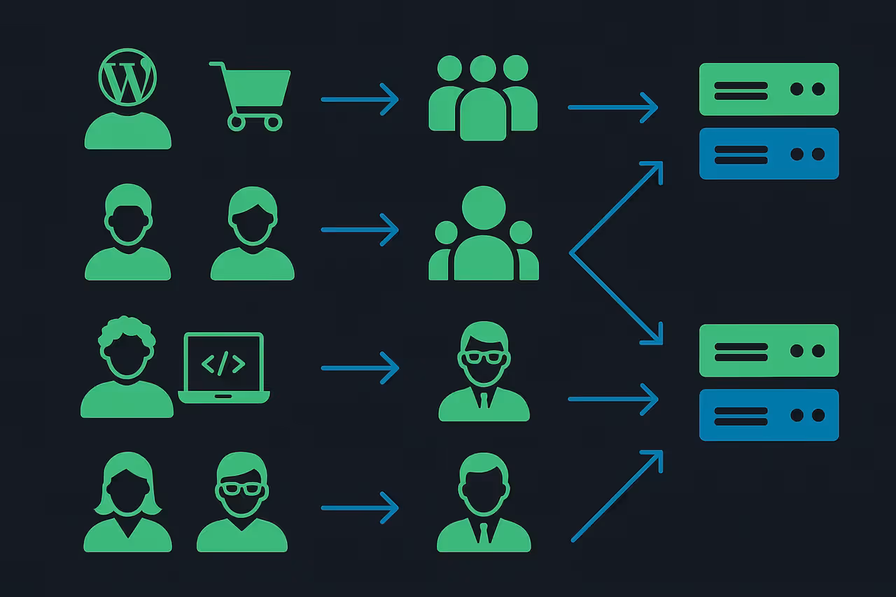 Oito perfis de usuário e qual hospedagem escolher: dono de site WordPress, lojista WooCommerce, agência digital, revendedor, desenvolvedor VPS, empresa de médio porte, profissional liberal e gestor de TI