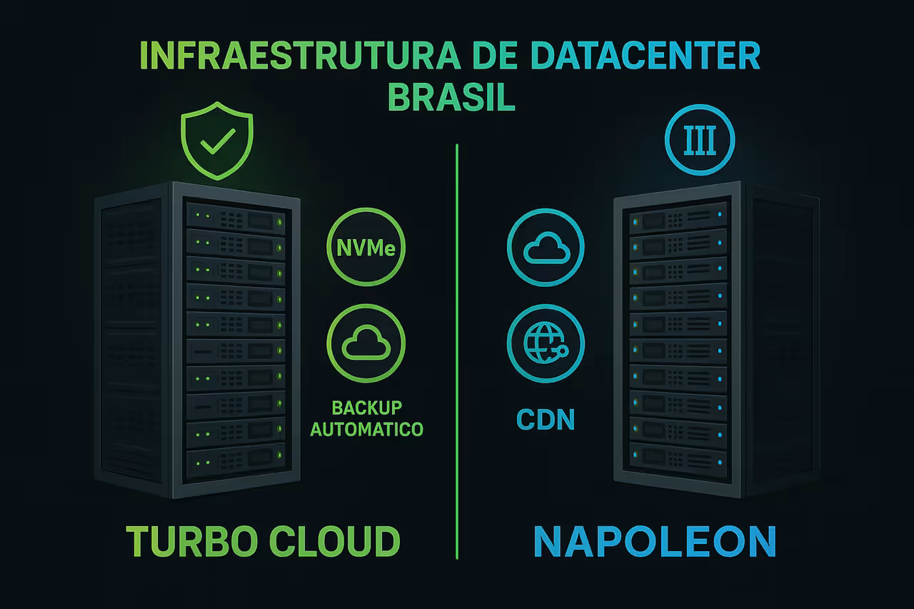 Infraestrutura de datacenter Brasil: comparação entre Turbo Cloud (datacenter Ascenty TIER III, NVMe 4.0 PRO, Cloudflare) e Napoleon (datacenter TIER III SP, NVMe SSD, monitoramento) em fundo escuro tecnológico