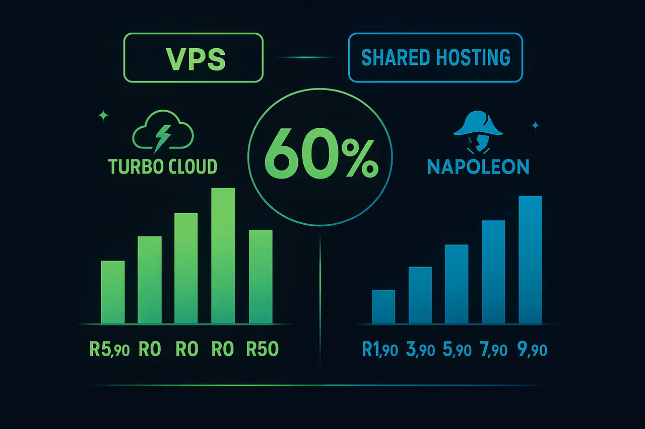 Comparativo de preços entre Turbo Cloud e Napoleon: planos compartilhados de R$ 35,90 a R$ 550 e VPS com diferença de 60% entre os dois provedores em fundo escuro