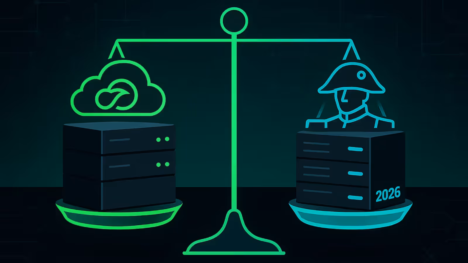 Capa do artigo comparativo Turbo Cloud vs Napoleon 2026: duas hospedagens lado a lado, conceito visual de comparação entre WordPress especializado e cPanel enterprise em fundo escuro