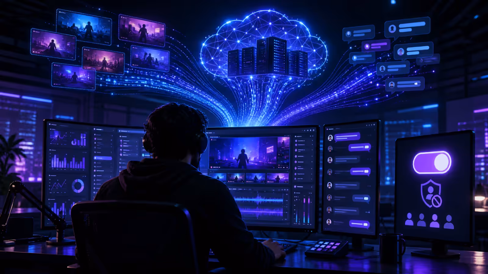 Ilustração de criador de livestream controlando o uso de conteúdo no treinamento de inteligência artificial