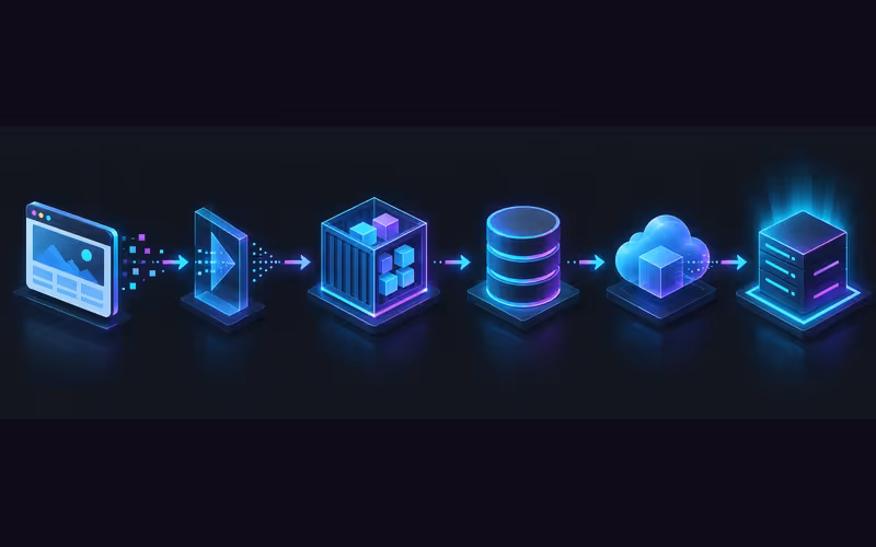 Fluxo de dados do site ao analytics, banco, backup externo e restauração em nova VPS.
