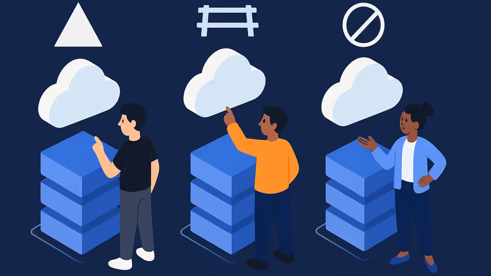 Ilustracao comparativa Vercel vs Railway vs Render 2026 com tres personagens representando cada plataforma em estilo flat design moderno com fundo azul escuro