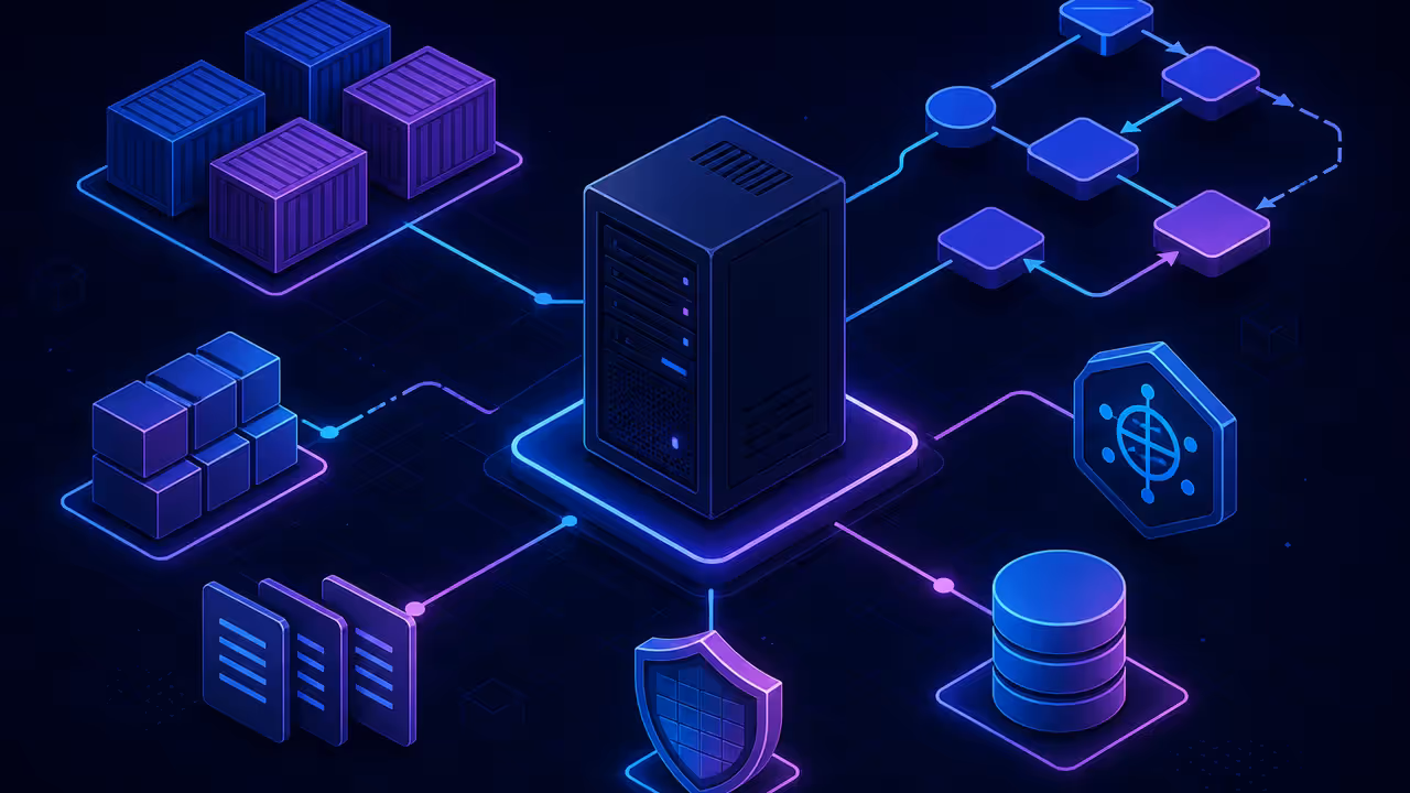Arquitetura de VPS com contêineres, automação, banco de dados, segurança e arquivos de configuração