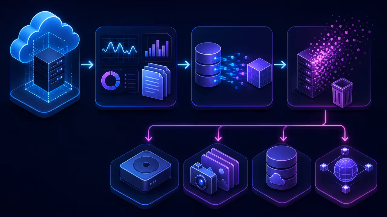 Fluxo visual para criar, medir, exportar e destruir uma VPS, seguido da revisão de recursos residuais