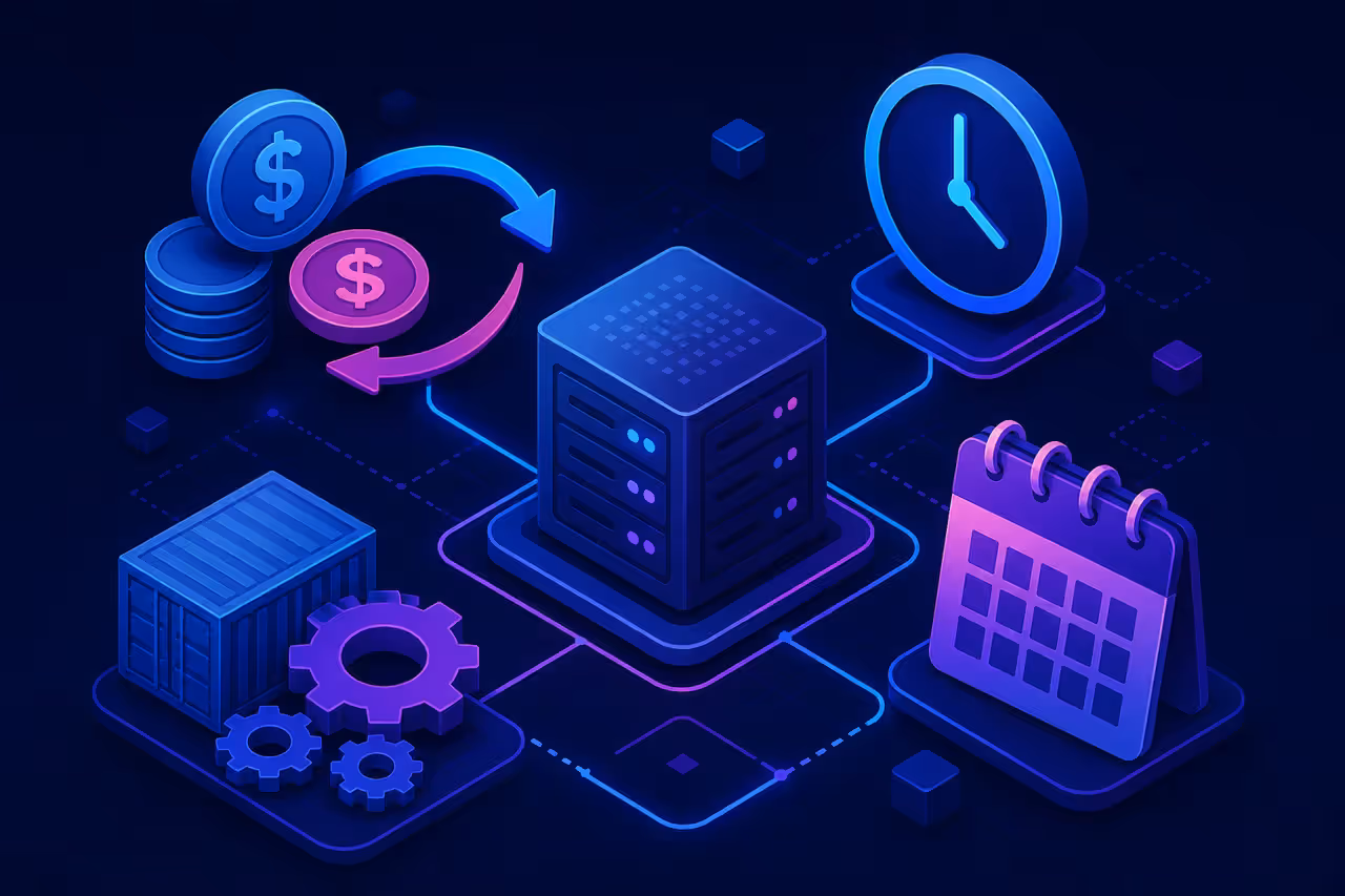 Painel abstrato representa câmbio, cobrança por hora, renovação e operação Docker no custo de uma VPS