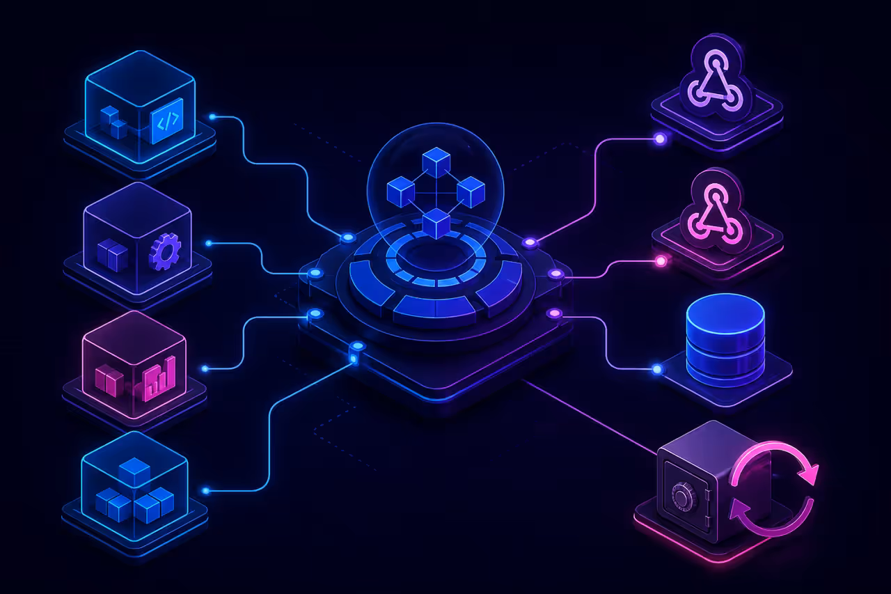 Fluxo abstrato de Docker e n8n em uma VPS com webhooks, banco de dados e backup