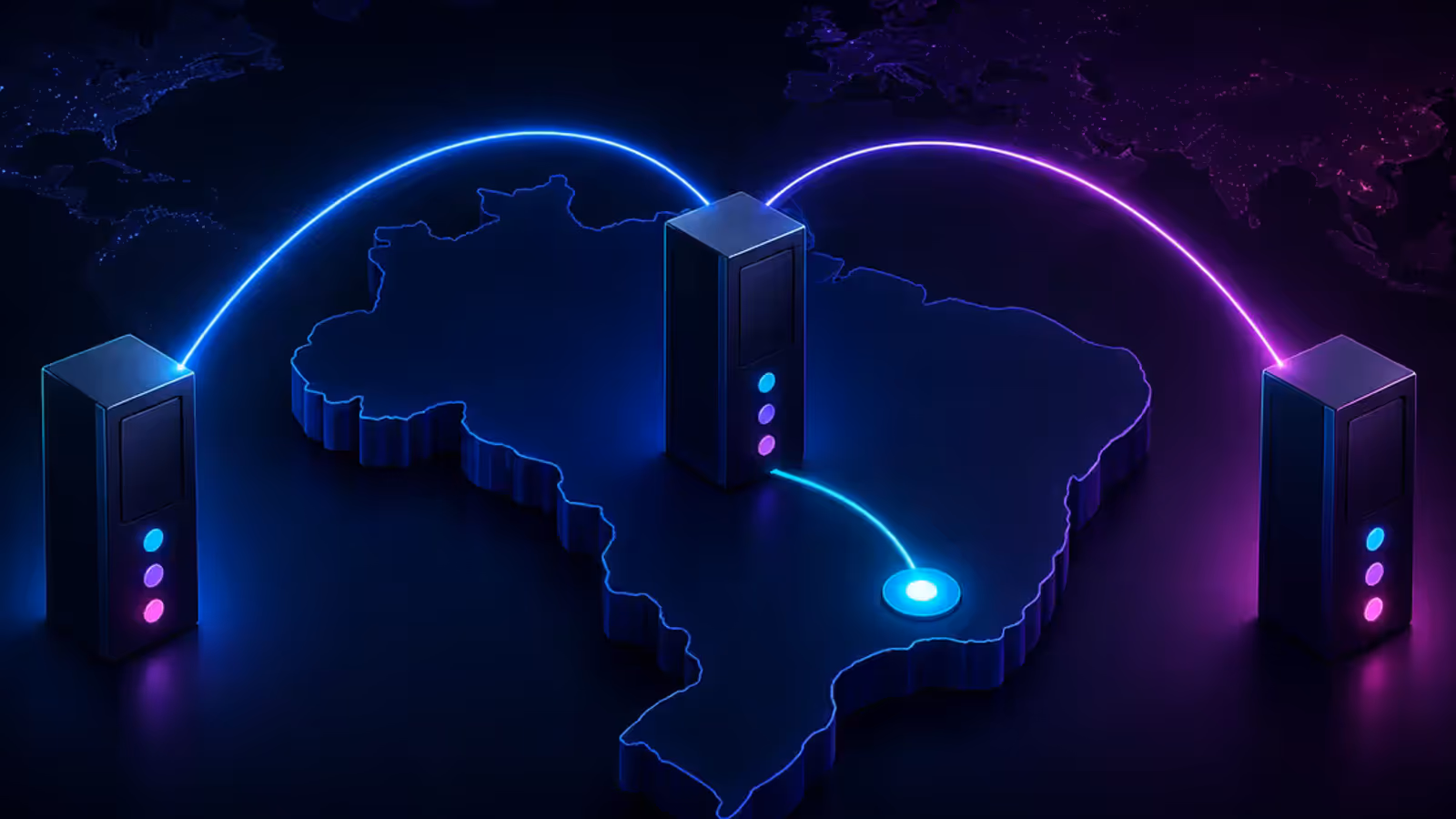 Três racks de servidor conectados ao mapa do Brasil por uma rota local e duas rotas internacionais