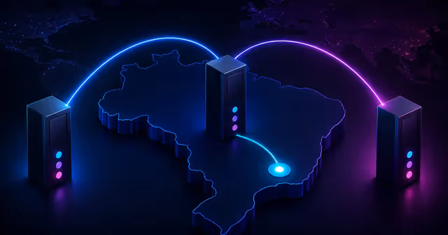 Três racks de servidor conectados ao mapa do Brasil por uma rota local e duas rotas internacionais