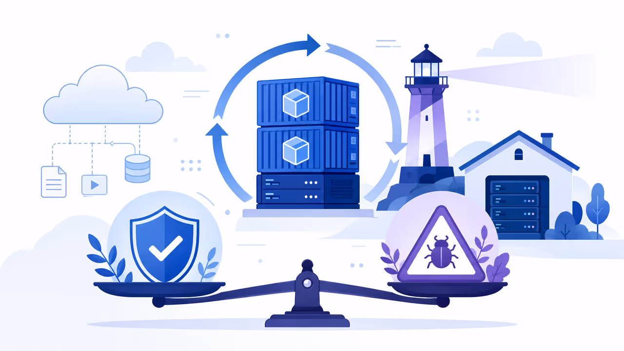 Containers em ciclo de atualização com farol, controles de segurança e alerta de vulnerabilidade