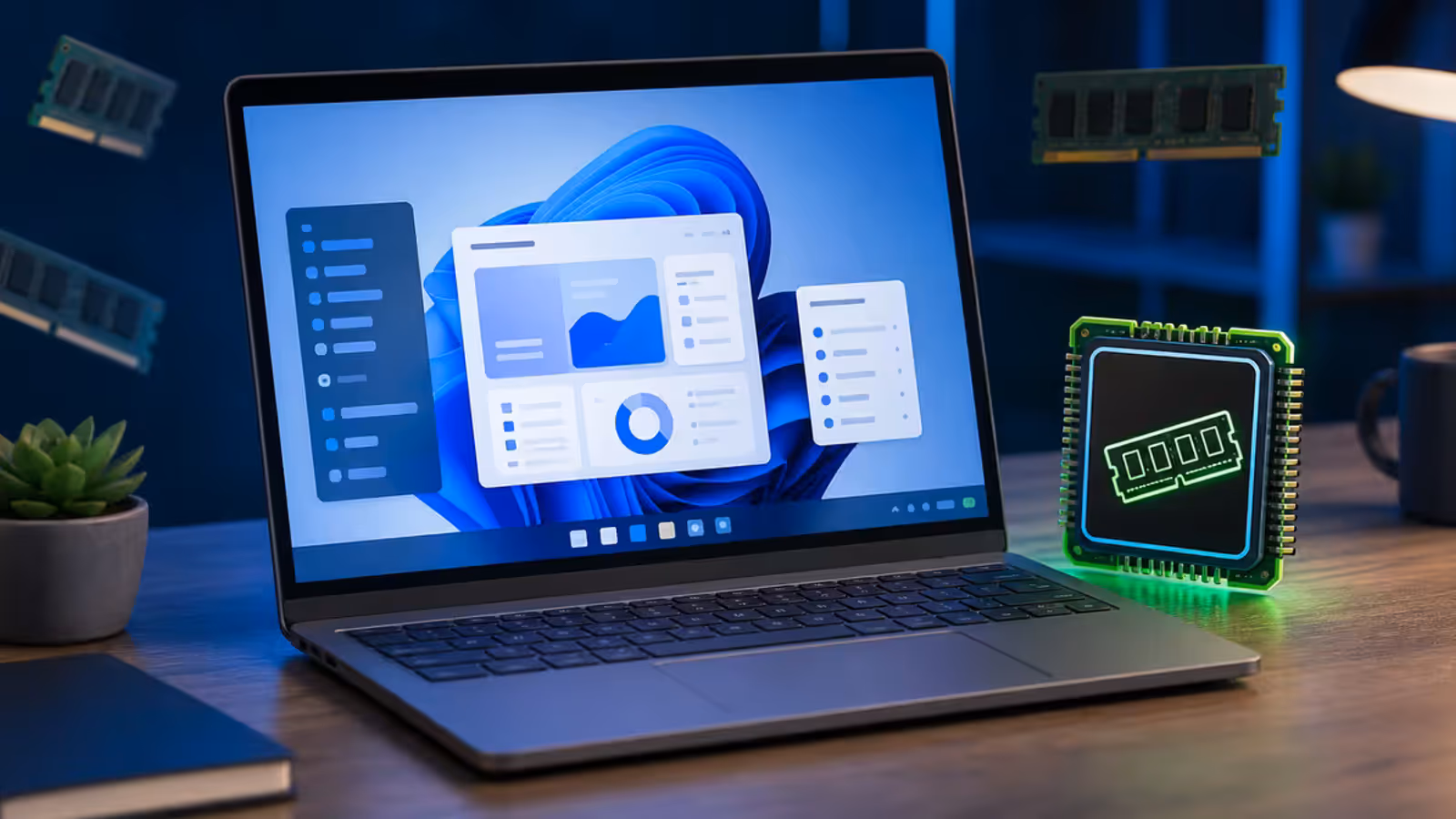 Ilustração editorial do Windows 11 com 8 GB de RAM: interface moderna e foco em performance em notebooks de entrada.