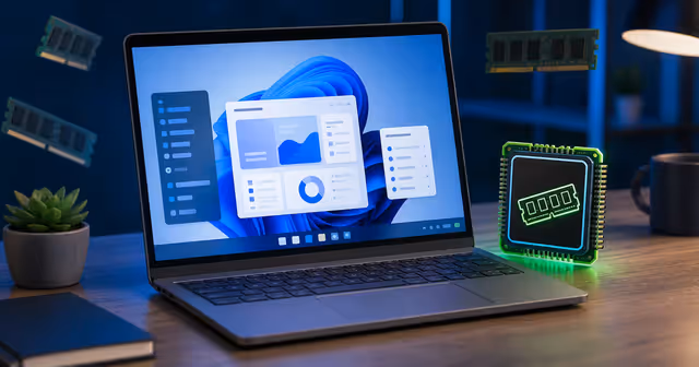Ilustração editorial do Windows 11 com 8 GB de RAM: interface moderna e foco em performance em notebooks de entrada.