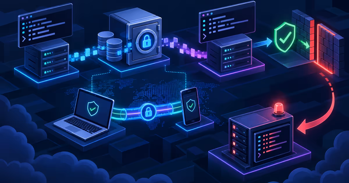 Sessões ativas, backup, teste privado em dois dispositivos e validação antecedem o fechamento do firewall, com rollback disponível.