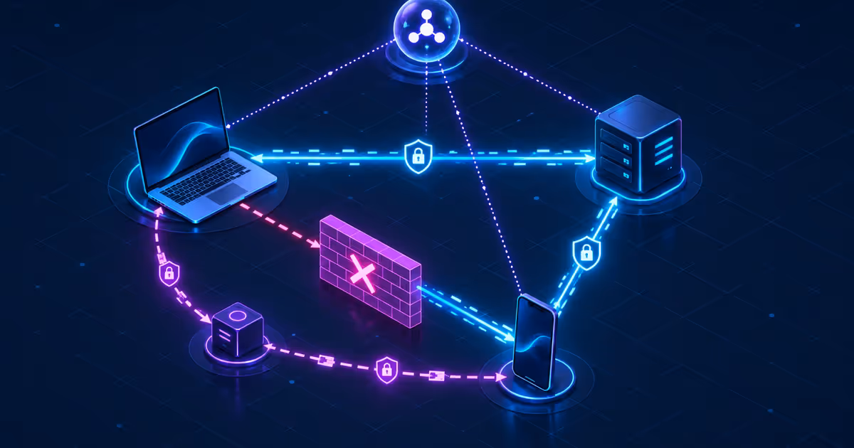 Notebook, celular e VPS recebem sinais de coordenação enquanto o tráfego segue direto ou usa um relay quando a barreira bloqueia a rota.