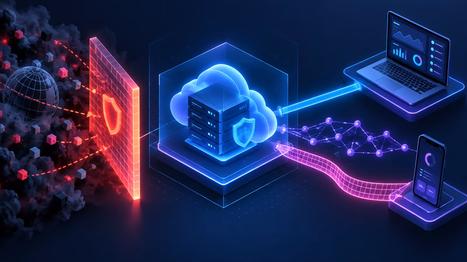 VPS central conecta notebook e celular por rotas privadas distintas, protegida da internet pública por um firewall.