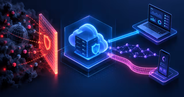 VPS central conecta notebook e celular por rotas privadas distintas, protegida da internet pública por um firewall.