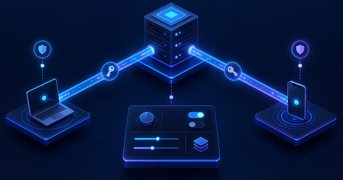 Uma VPS conecta notebook e celular por túneis diretos com chaves e controles operados manualmente.