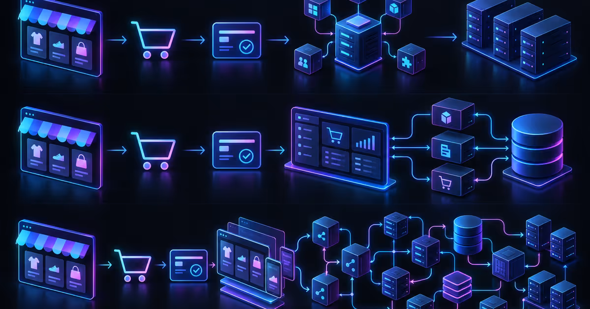 Três fluxos de loja virtual conectam vitrine, carrinho e pagamento a infraestruturas com complexidade crescente.