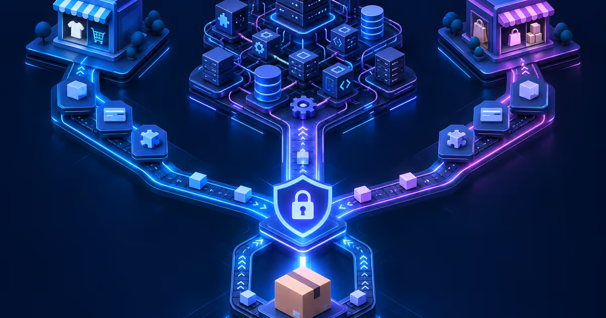 Três caminhos de loja virtual convergem em checkout protegido e entrega, com a rota VPS exibindo mais módulos técnicos.