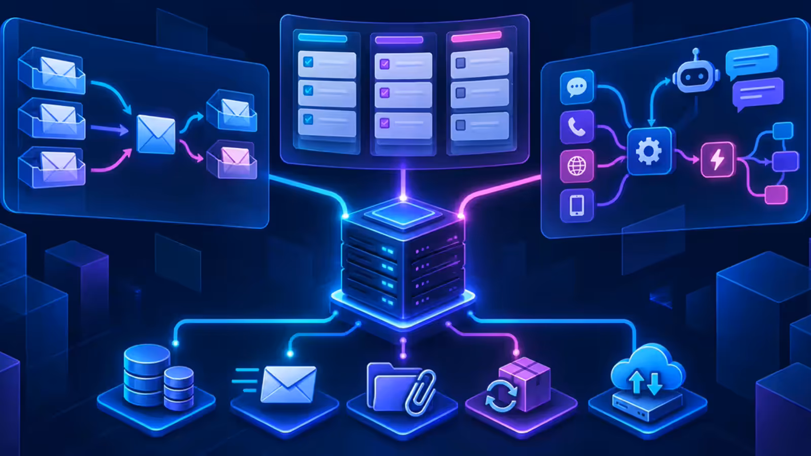 Ilustração de três abordagens de helpdesk conectadas a uma VPS, banco, e-mail, anexos, atualização e backup.