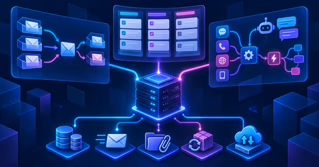 Ilustração de três abordagens de helpdesk conectadas a uma VPS, banco, e-mail, anexos, atualização e backup.